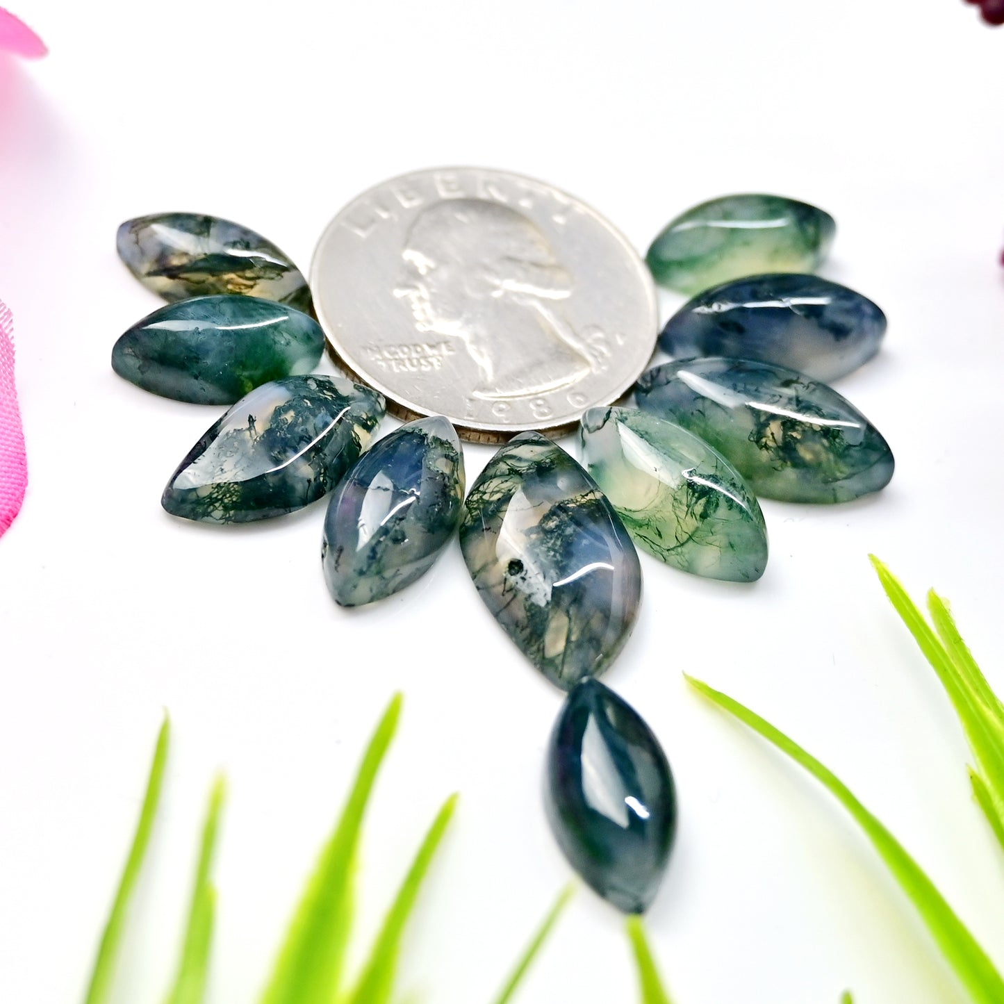 49.2cts Moss Agate Smooth Cabochons 7x14mm - 11x20mm Mix Shape AA Grade Gemstone Parcel -Total 10 Pcs