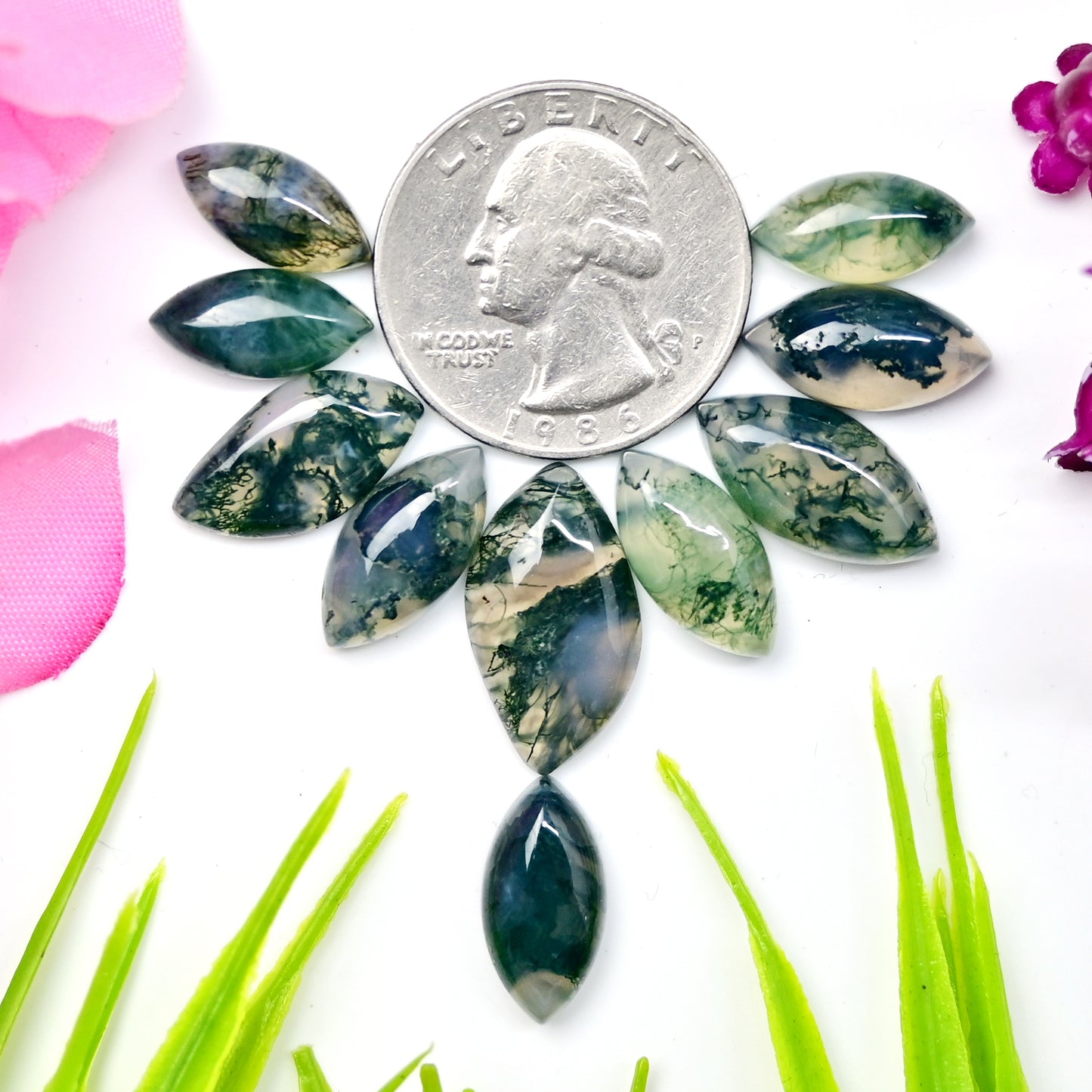 49.2cts Moss Agate Smooth Cabochons 7x14mm - 11x20mm Mix Shape AA Grade Gemstone Parcel -Total 10 Pcs