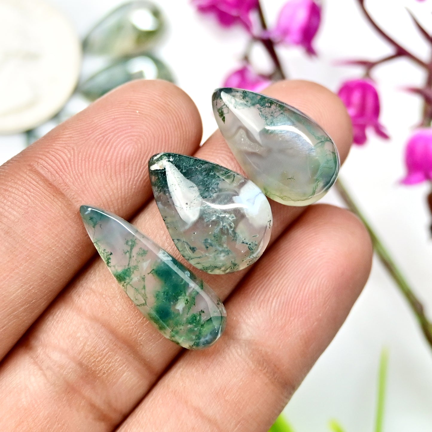 60.80cts Moss Agate Smooth Cabochons 8x24mm - 9x15mm Mix Shape AA Grade Gemstone Parcel -Total 10 Pcs