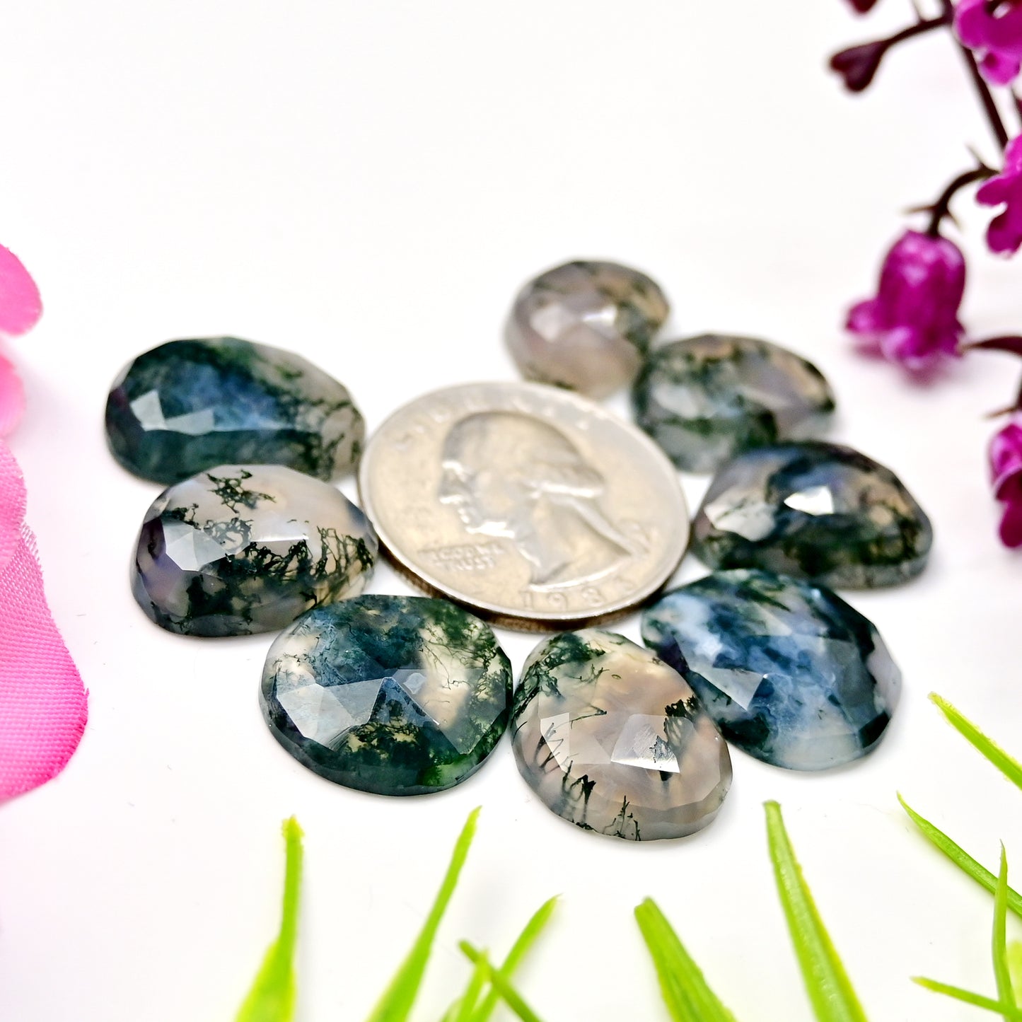 70.3cts Moss Agate Rose cut 11x15mm - 14x19mm Freeform Shape AA Grade Gemstone Parcel -Total 8 Pcs