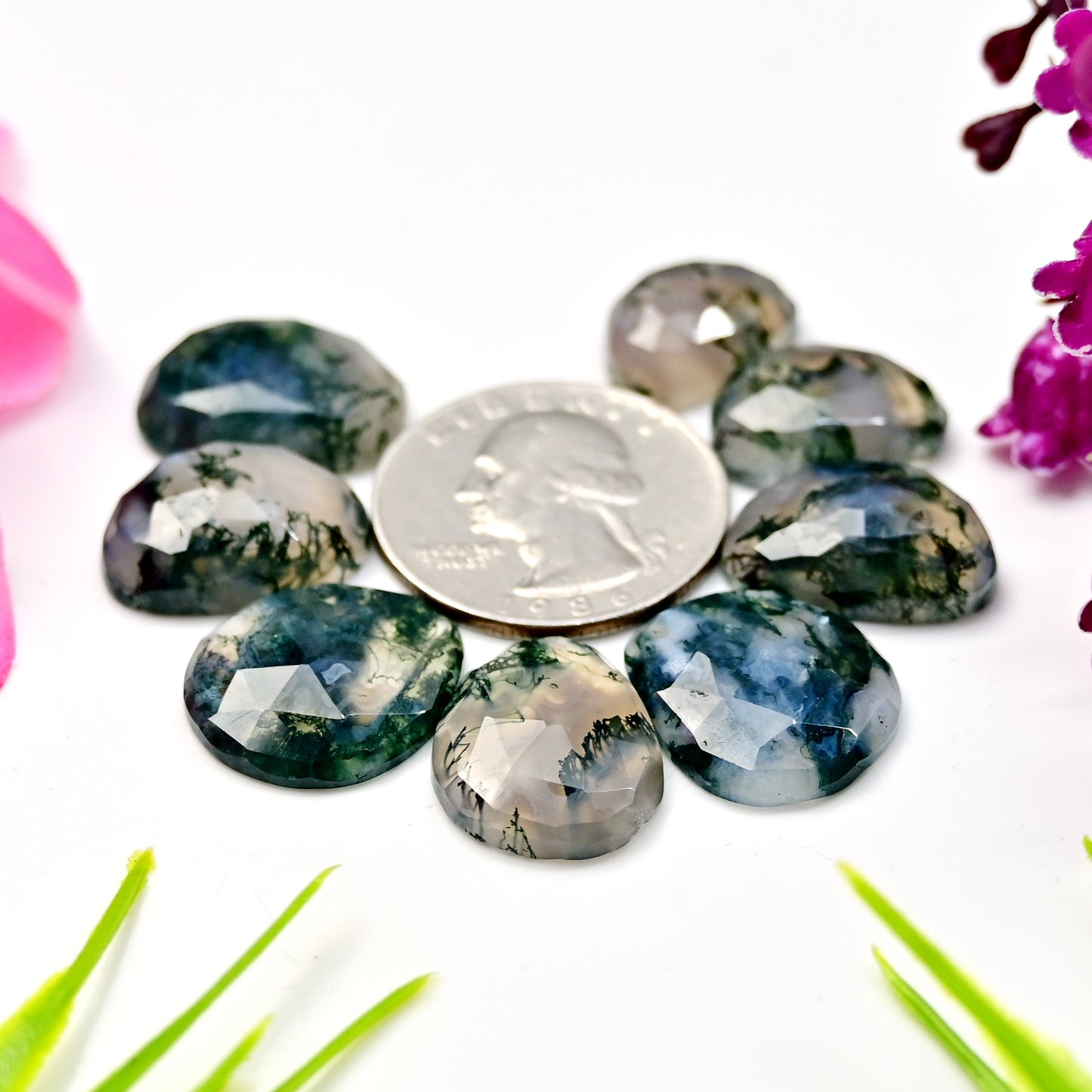 70.3cts Moss Agate Rose cut 11x15mm - 14x19mm Freeform Shape AA Grade Gemstone Parcel -Total 8 Pcs