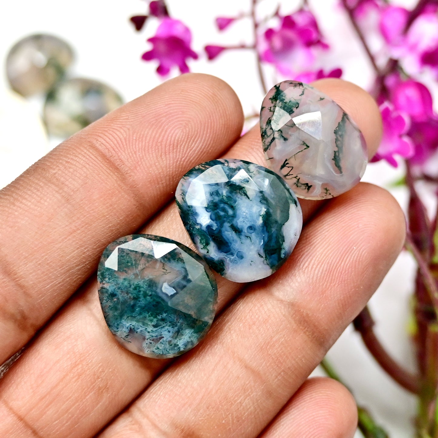 70.3cts Moss Agate Rose cut 11x15mm - 14x19mm Freeform Shape AA Grade Gemstone Parcel -Total 8 Pcs