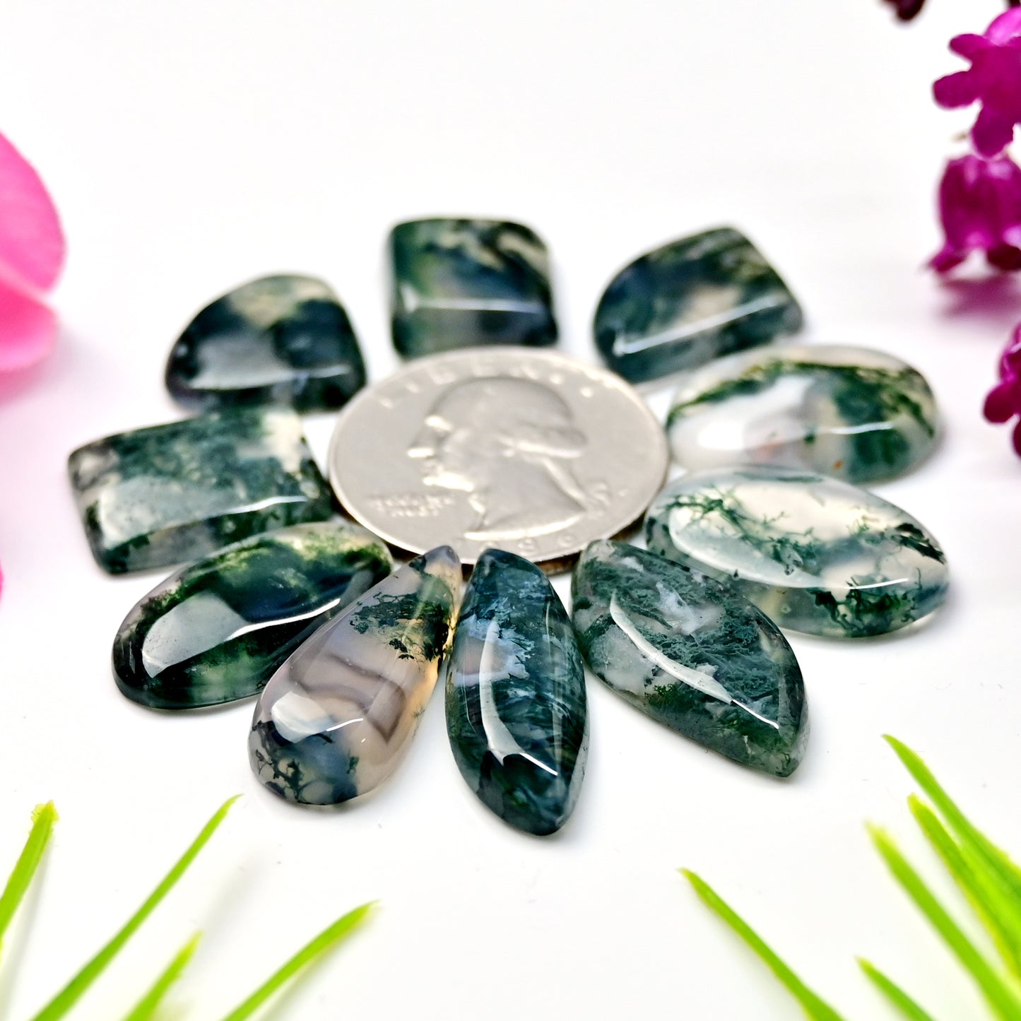 88.1cts Moss Agate Smooth Cabochons 11x25mm - 13x14mm Mix Shape AA Grade Gemstone Parcel -Total 10 Pcs