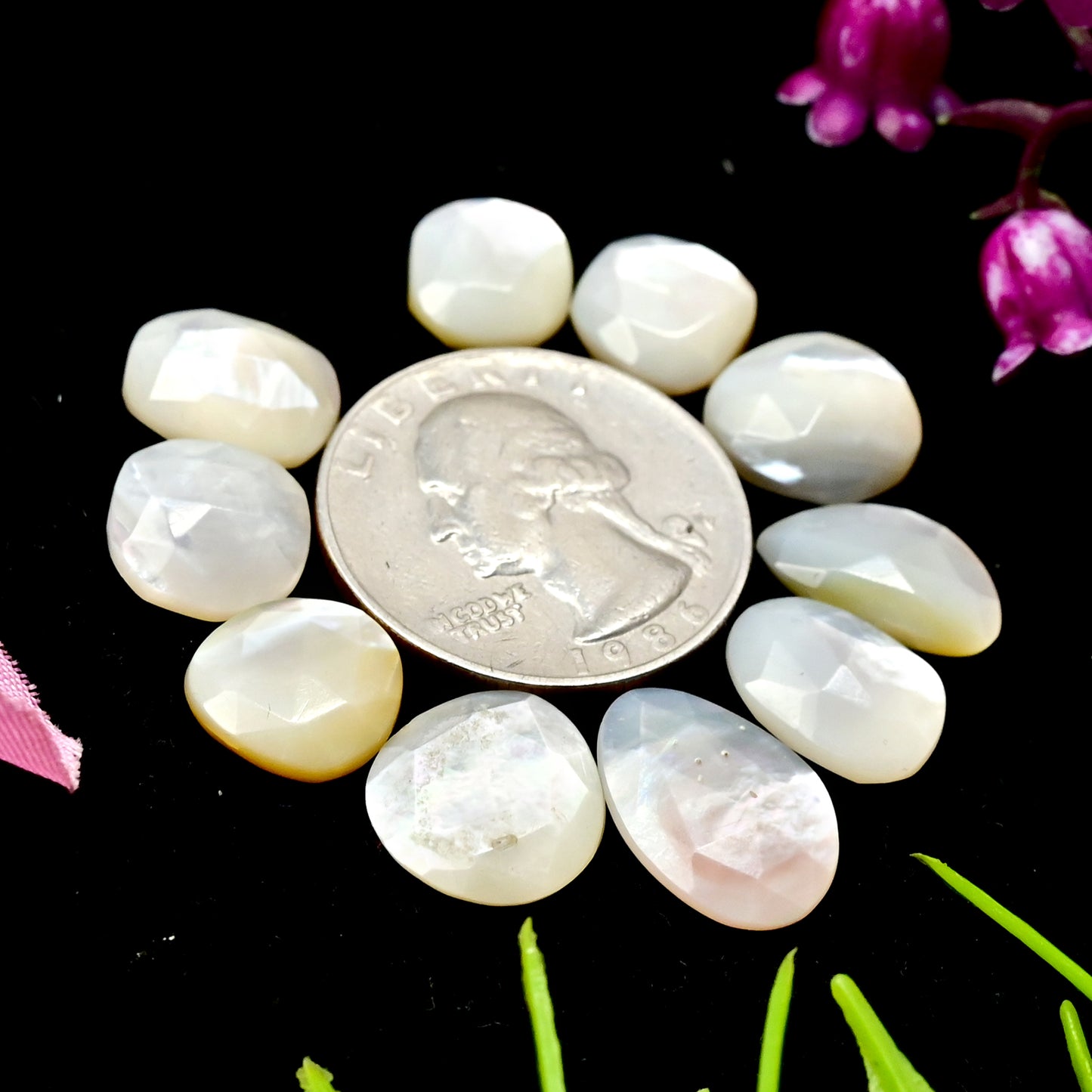 31.5cts Mother of Pearl Rose Cut Cabochons 9x14mm - 11x16mm Freeform Shape AA Grade Gemstone Parcel -Total 10 Pcs