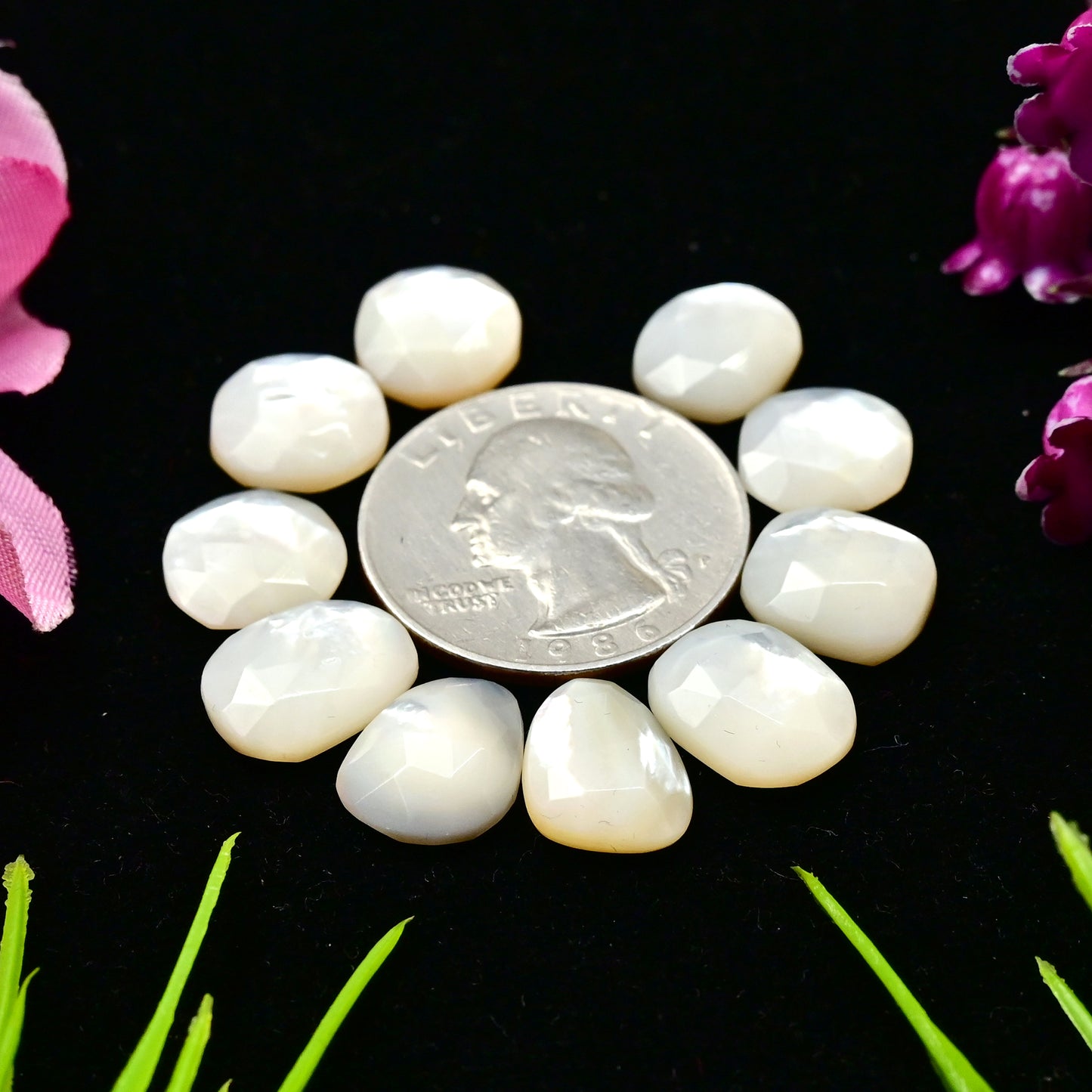 33.3 cts Mother of Pearl Rose Cut Cabochons 10x13mm - 11x11mm Freeform Shape AA Grade Gemstone Parcel -Total 10 Pcs