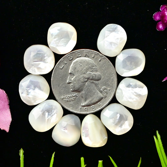 33.3 cts Mother of Pearl Rose Cut Cabochons 10x13mm - 11x11mm Freeform Shape AA Grade Gemstone Parcel -Total 10 Pcs