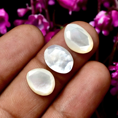 30.4 cts Mother of Pearl Rose Cut Cabochons 9x10mm - 10x10mm Freeform Shape AA Grade Gemstone Parcel -Total 15 Pcs