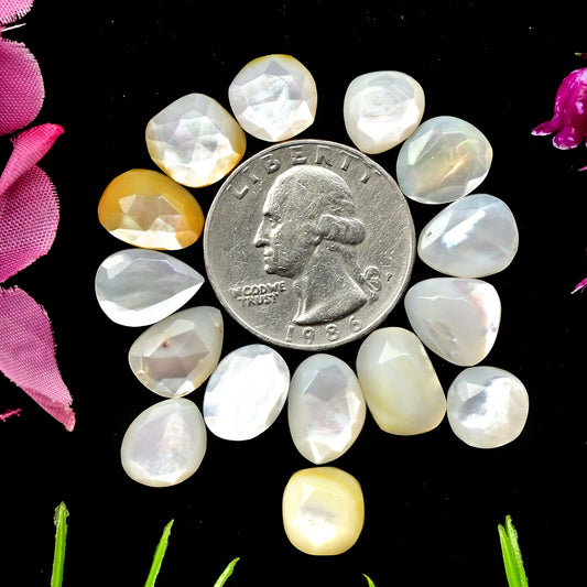 30.4 cts Mother of Pearl Rose Cut Cabochons 9x10mm - 10x10mm Freeform Shape AA Grade Gemstone Parcel -Total 15 Pcs