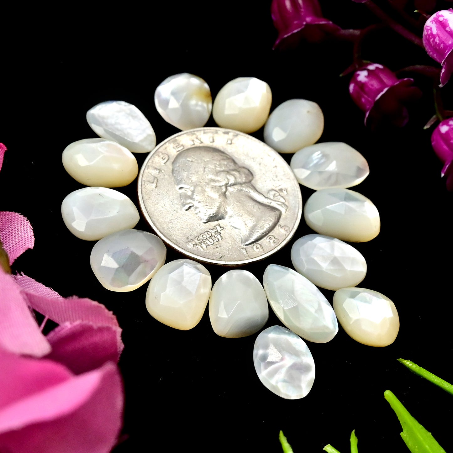 32.1 cts Mother of Pearl Rose Cut Cabochons 8x14mm - 9x11mm Freeform Shape AA Grade Gemstone Parcel -Total 15 Pcs