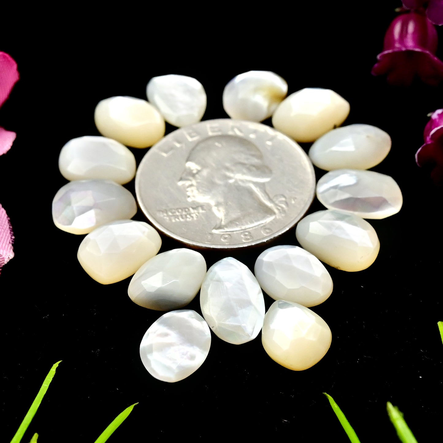 32.1 cts Mother of Pearl Rose Cut Cabochons 8x14mm - 9x11mm Freeform Shape AA Grade Gemstone Parcel -Total 15 Pcs