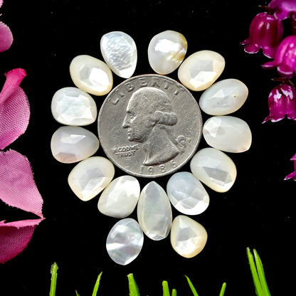 32.1 cts Mother of Pearl Rose Cut Cabochons 8x14mm - 9x11mm Freeform Shape AA Grade Gemstone Parcel -Total 15 Pcs