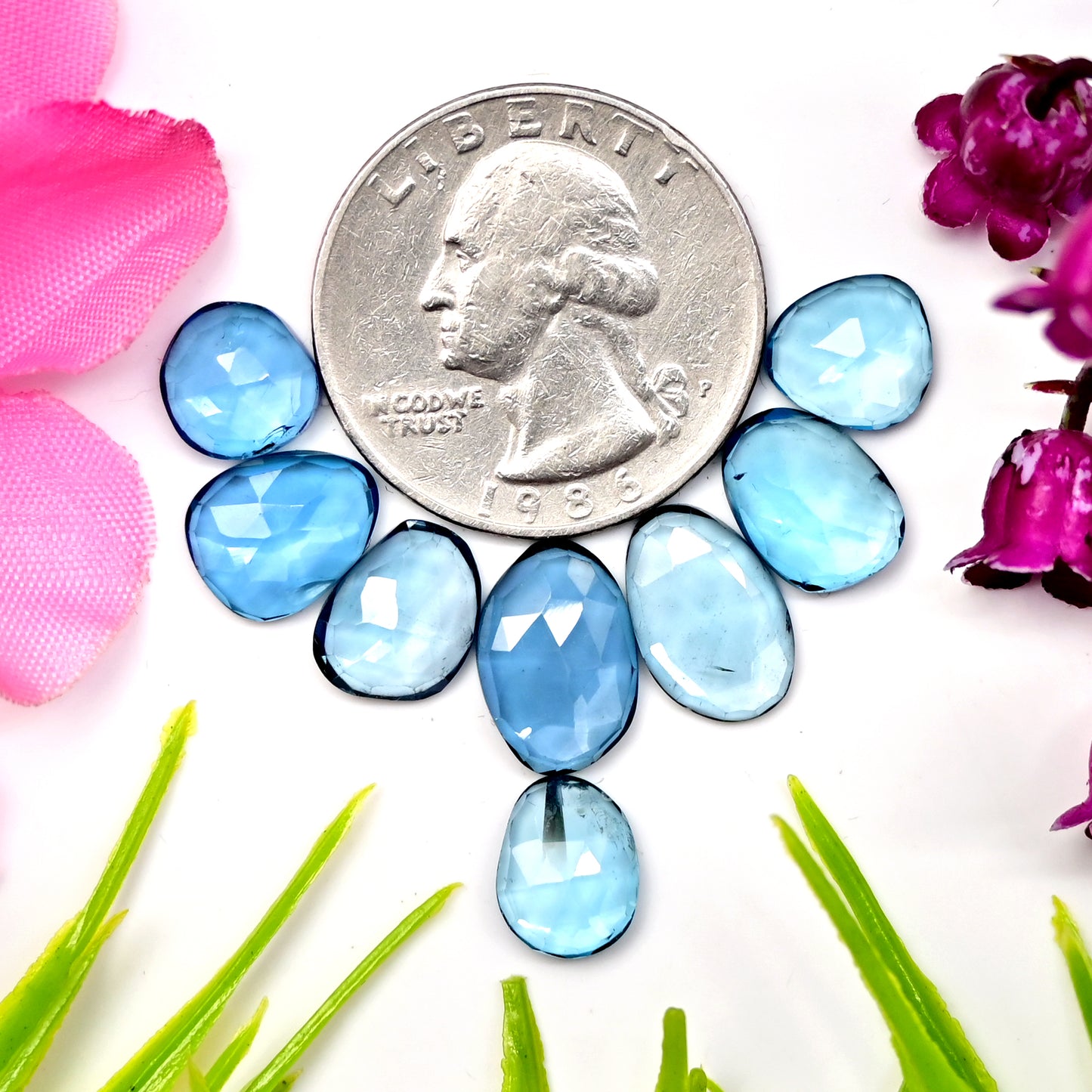 22.8cts London Blue Topaz Rosecut Cabochon 8x12mm - 8x10mm AA Grade Gemstone Parcel - Total 8 Pcs