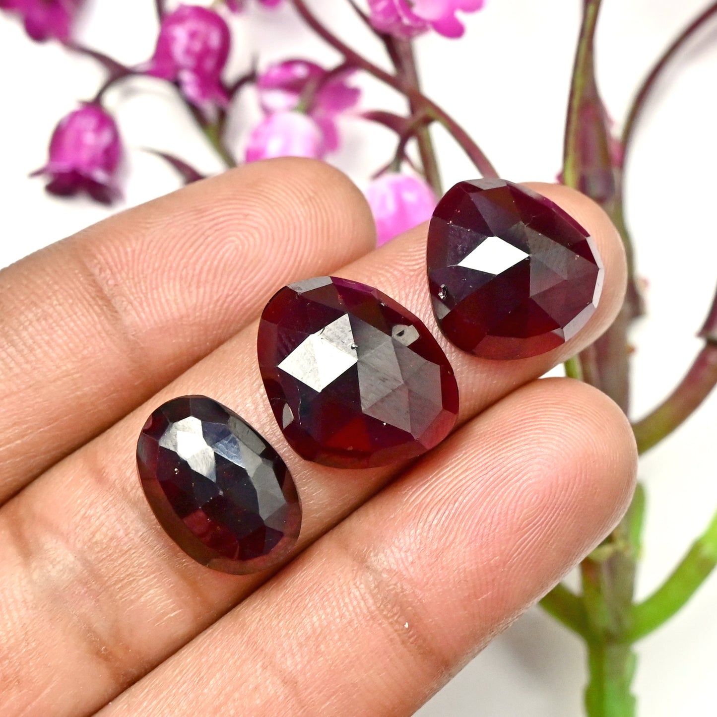 30.2cts. Garnet Rose Cut 10x15mm - 14x17mm Cabochon For Jewelry Making Free Form Shape AA Grade Gemstone Parcel - Total 3 Pcs