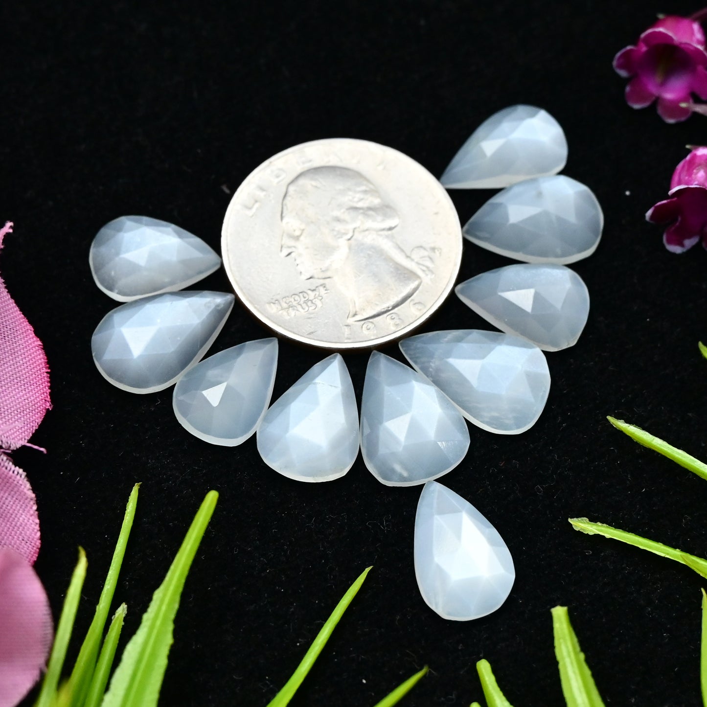 29.9cts White Moonstone Rosecut Cabochon 9x14mm - 10x14mm Tear Drop Shape AA Grade Gemstone Parcel -Total 10 Pcs