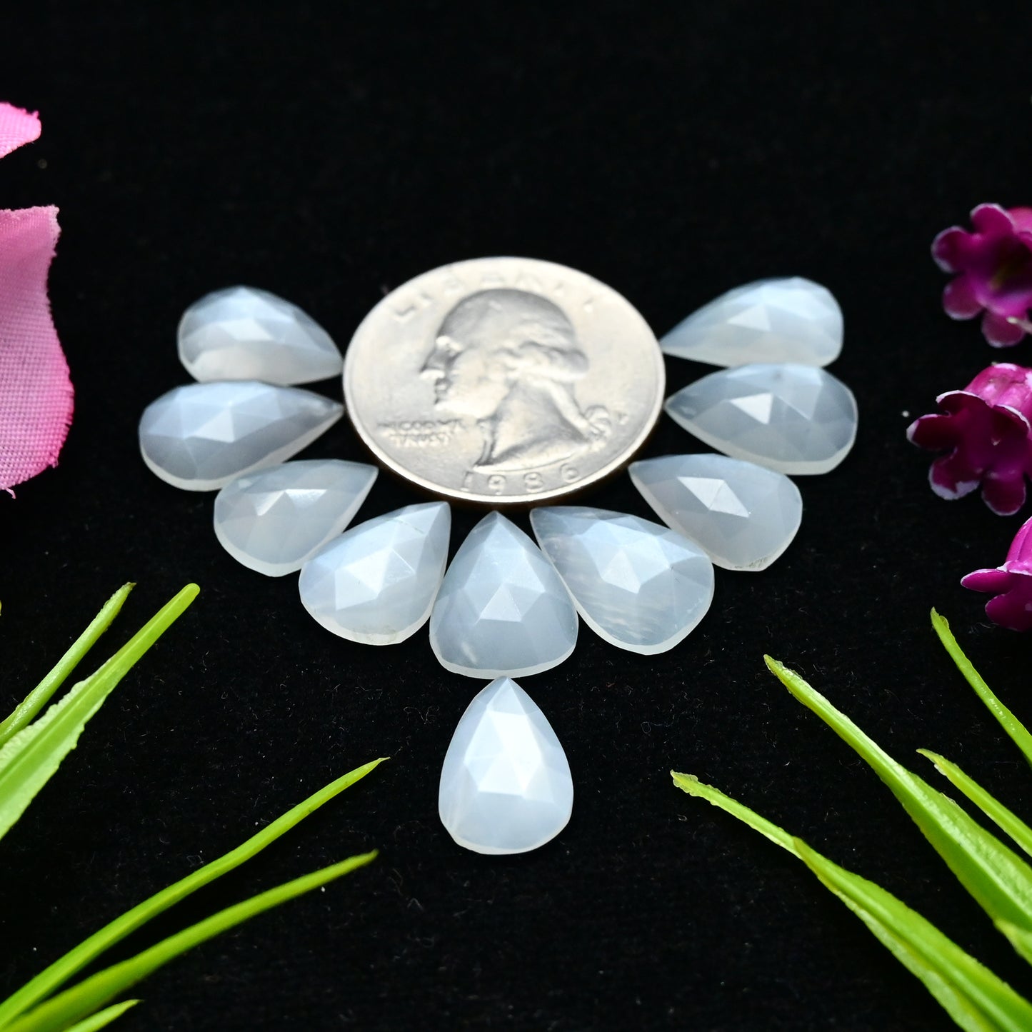 29.9cts White Moonstone Rosecut Cabochon 9x14mm - 10x14mm Tear Drop Shape AA Grade Gemstone Parcel -Total 10 Pcs