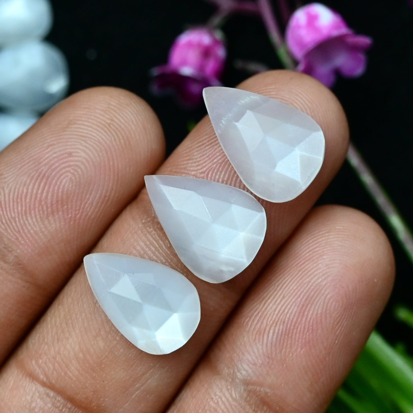 29.9cts White Moonstone Rosecut Cabochon 9x14mm - 10x14mm Tear Drop Shape AA Grade Gemstone Parcel -Total 10 Pcs