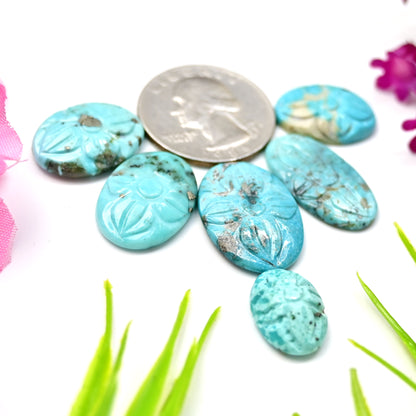 49.90cts Kingman Turquoise Carving  Cabochons For Jewelry Making 11x16, 17x23  Oval Shape AA Grade Loose Gemstone - Total 6 pcs