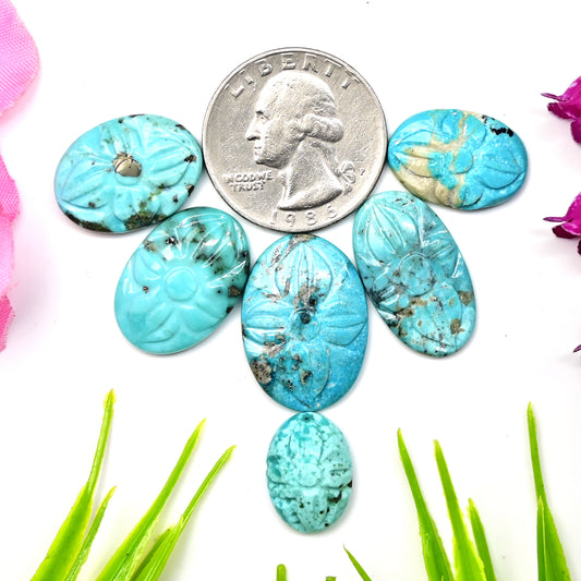 49.90cts Kingman Turquoise Carving  Cabochons For Jewelry Making 11x16, 17x23  Oval Shape AA Grade Loose Gemstone - Total 6 pcs