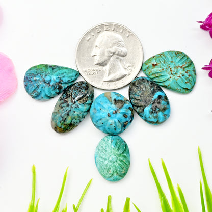 65cts Kingman Turquoise Carving Cabochons For Jewelry Making 11x21mm - 13x20mm Mix Shape AA Grade Loose Gemstone - Total 6 pcs