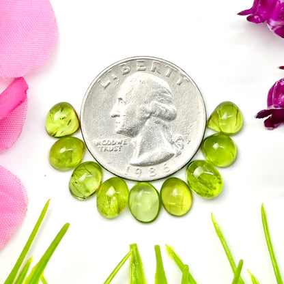 15,5 Karat Peridot, glatter Cabochon, 6 x 8 mm, gemischte Form, Edelsteinklasse AA, Paket – insgesamt 9 Stück