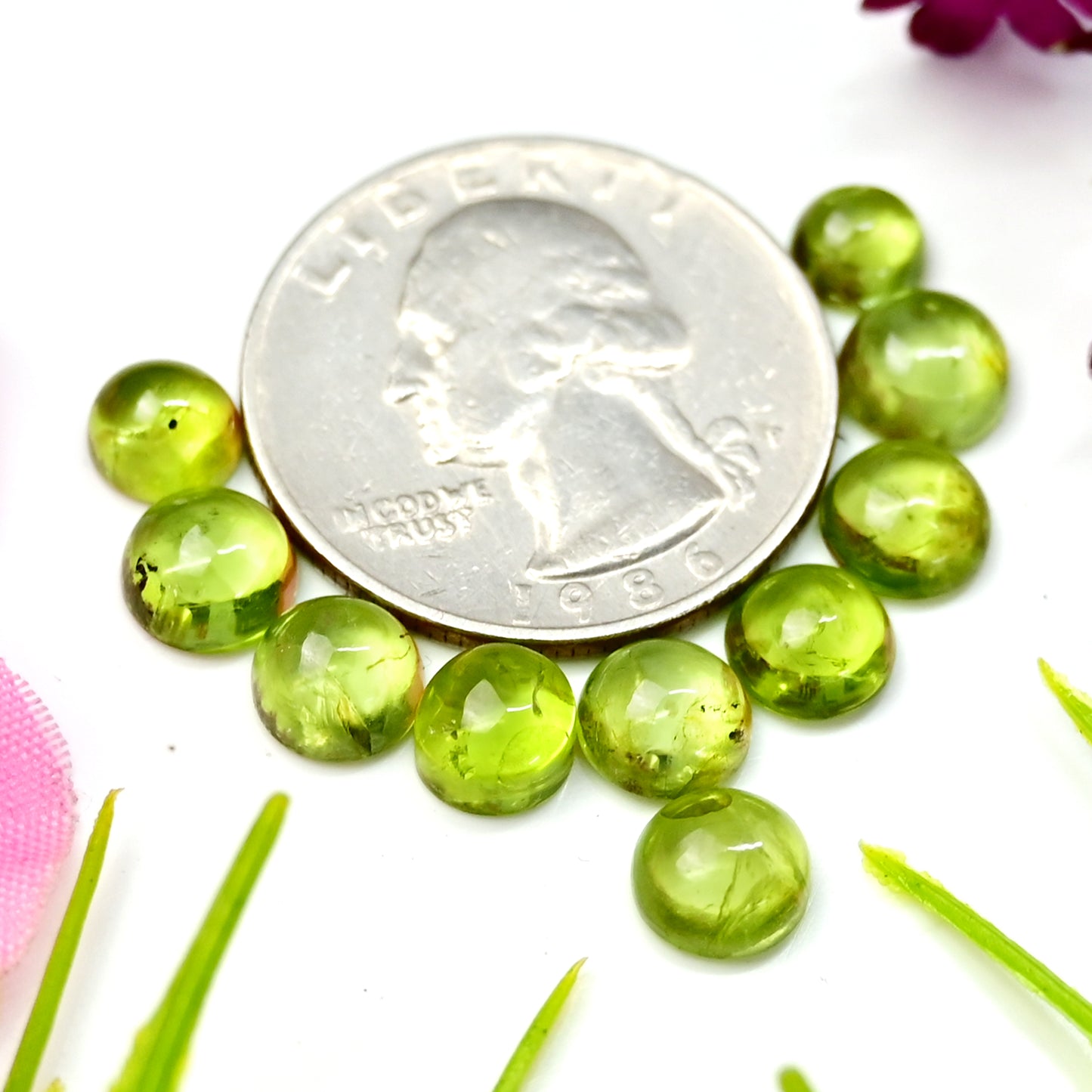 14.2cts Peridot Smooth Cabochon 7x7mm - 6X6mm Round Shape AA Grade Gemstone Parcel - Total 10 Pcs