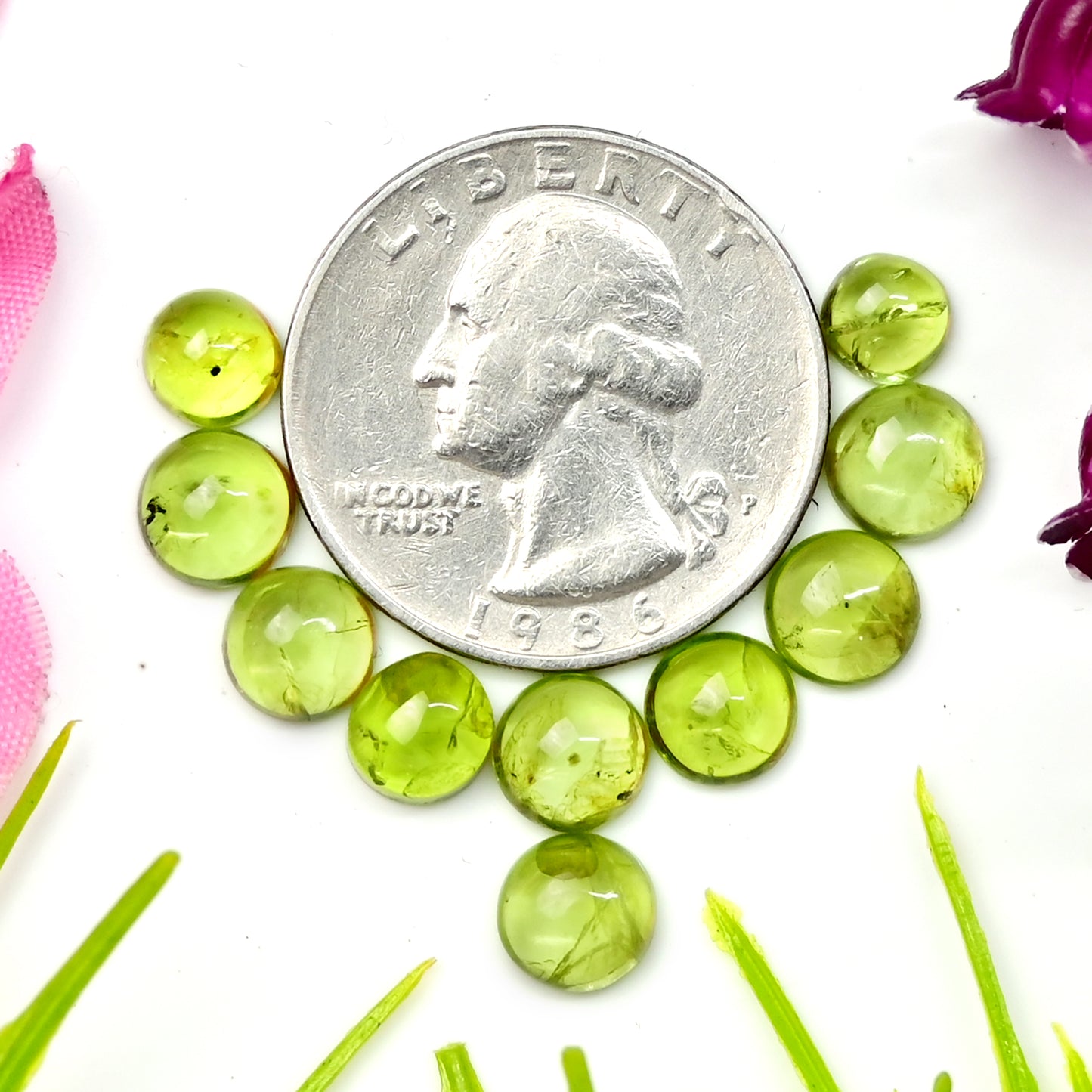 14.2cts Peridot Smooth Cabochon 7x7mm - 6X6mm Round Shape AA Grade Gemstone Parcel - Total 10 Pcs