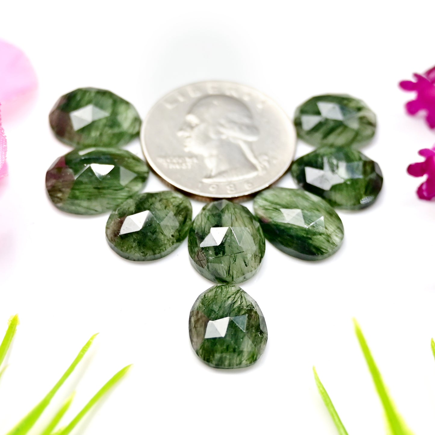 42.7cts Green Rutile Rosecut Cabochon 12x16mm - 11x14mm Free Form Shape AA Grade Gemstone Parcel - Total 8 Pcs