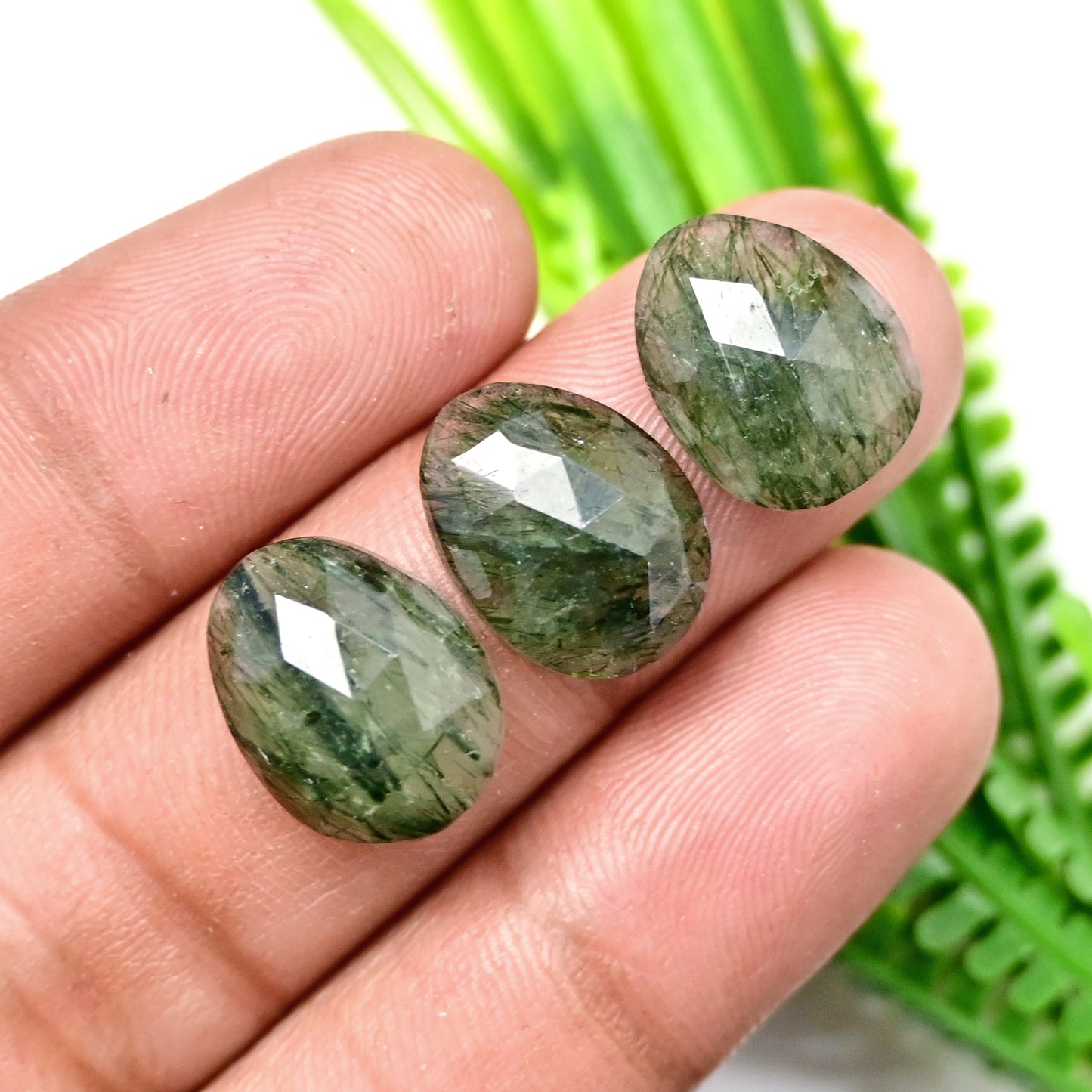 42.7cts Green Rutile Rosecut Cabochon 12x16mm - 11x14mm Free Form Shape AA Grade Gemstone Parcel - Total 8 Pcs