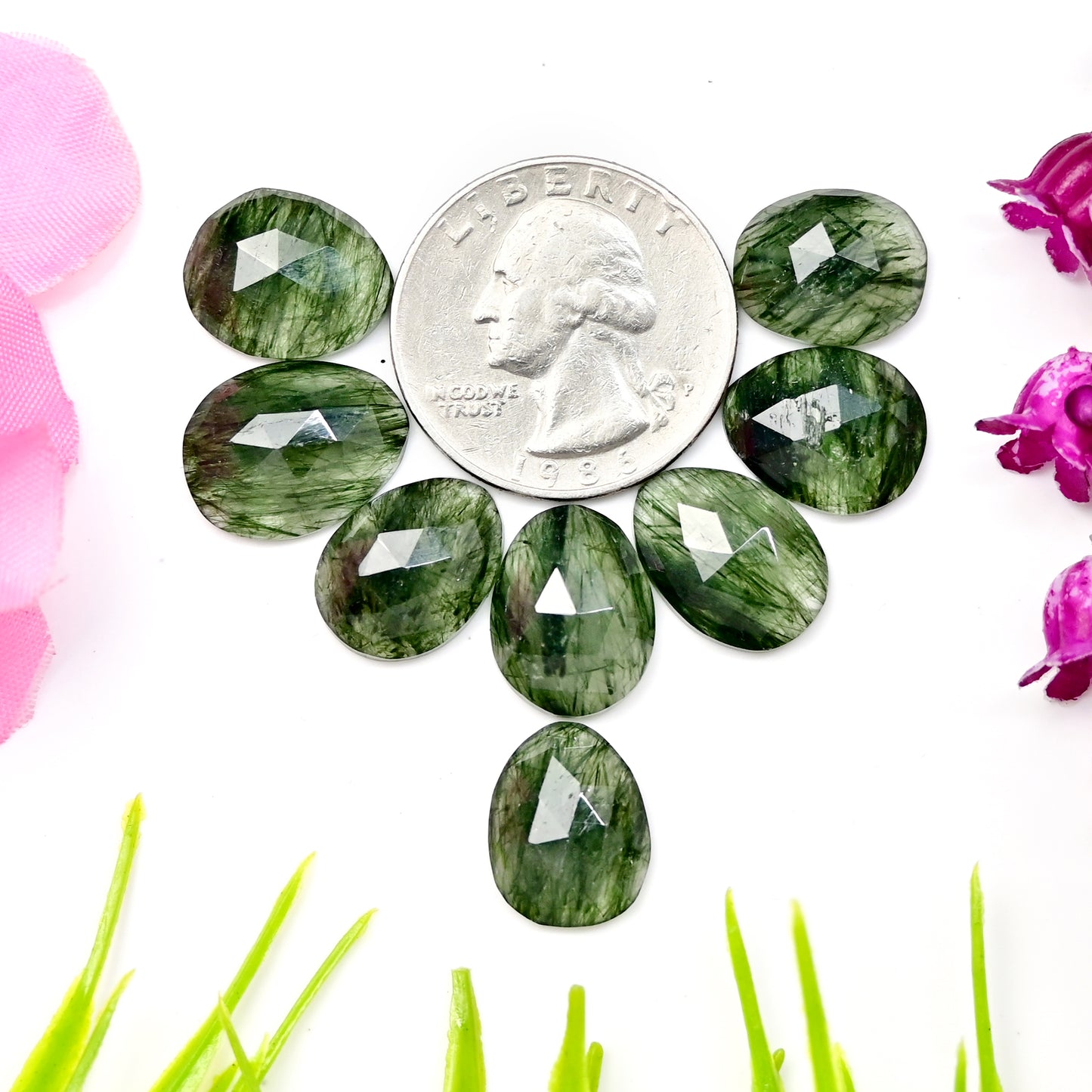 42.7cts Green Rutile Rosecut Cabochon 12x16mm - 11x14mm Free Form Shape AA Grade Gemstone Parcel - Total 8 Pcs