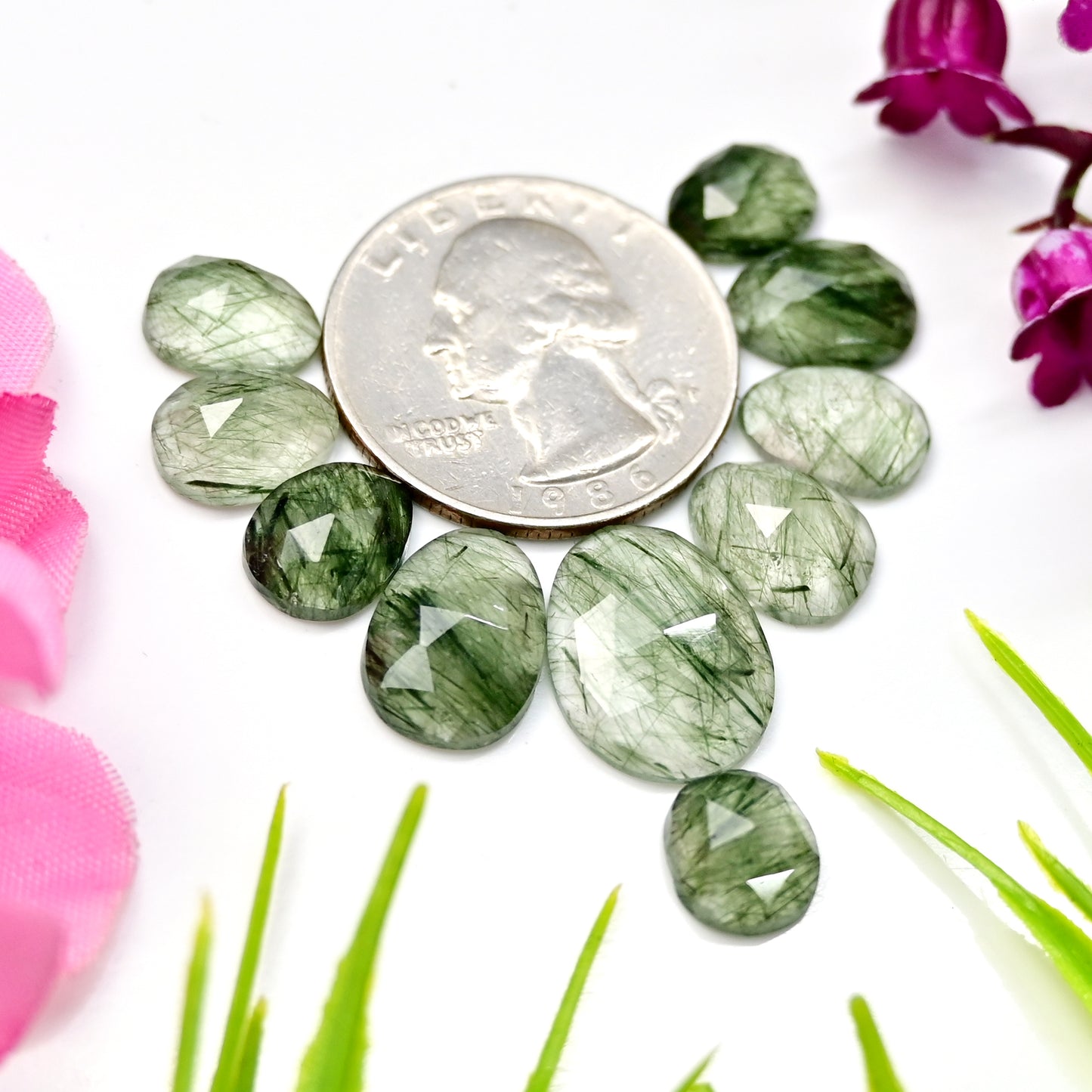 28.9cts Green Rutile Rosecut Cabochon 13x16mm - 7x10mm Free Form Shape AA Grade Gemstone Parcel - Total 10 Pcs