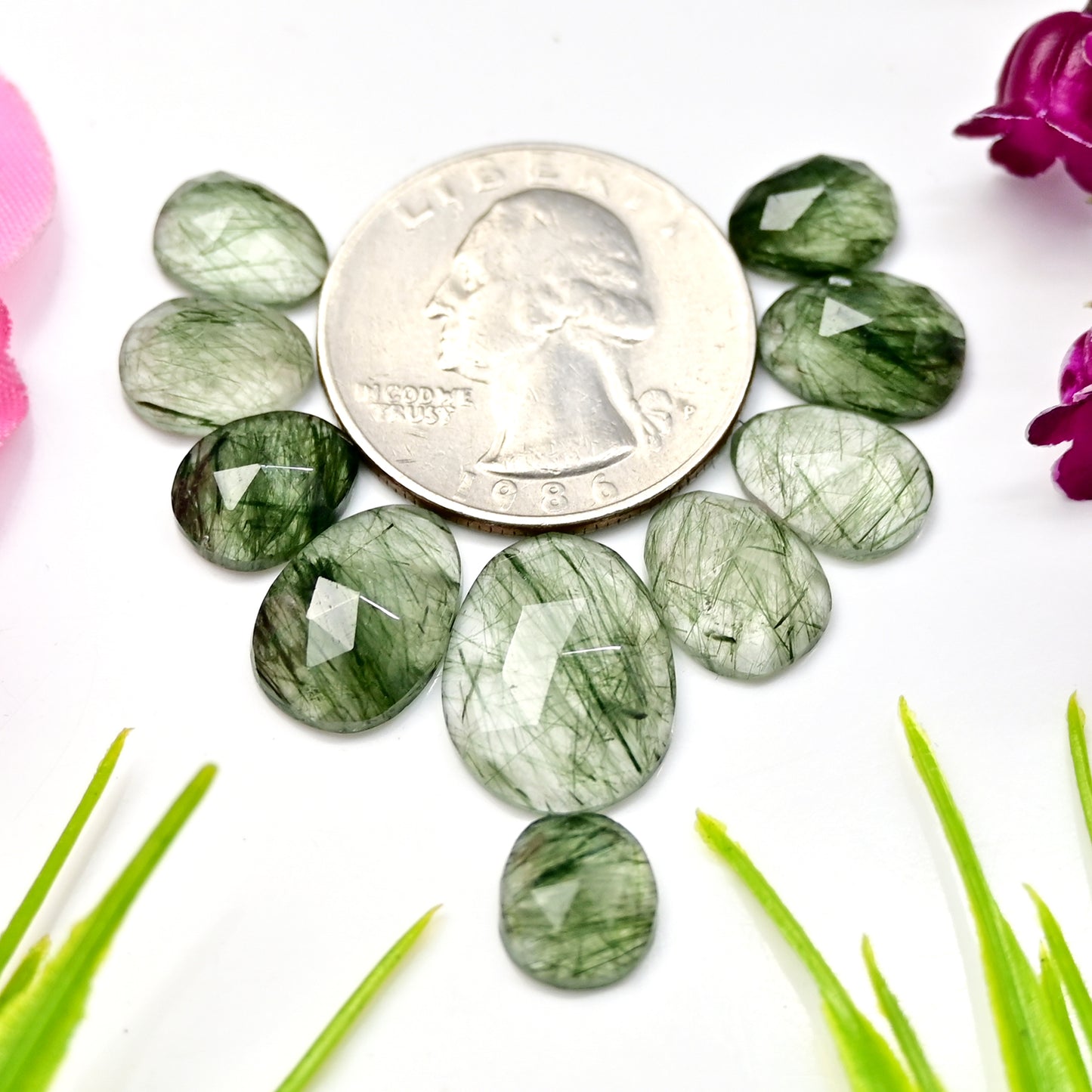 28.9cts Green Rutile Rosecut Cabochon 13x16mm - 7x10mm Free Form Shape AA Grade Gemstone Parcel - Total 10 Pcs