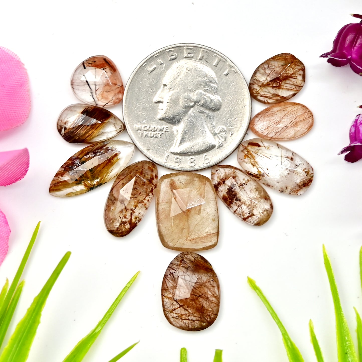 34.7cts Copper Rutile Quartz Rose Cut Cabochon 8x18mm - 12x15mm AA Grade Gemstone Parcel -Total 10 Pcs