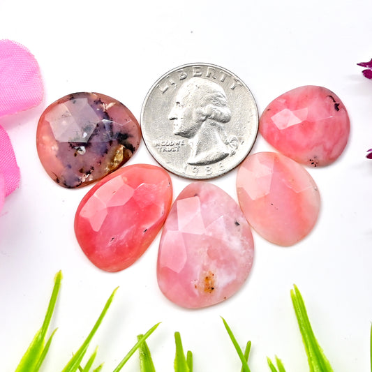 45.3cts Pink Opal Rose Cut Cabochon 19x25mm - 16x20mm AA Grade Gemstone Parcel - Total 5 Pcs