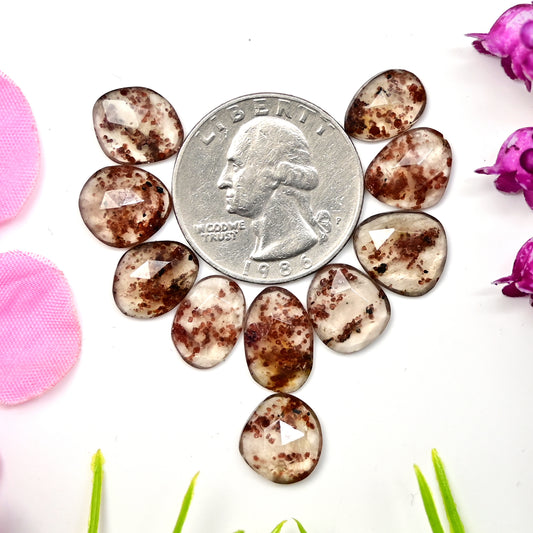 28.4cts Garnet Inclusion Quartz Rose Cut Cabochon 8x11mm - 9x14mm Free Form Shape AA Grade Gemstone Parcel -Total 10 Pcs