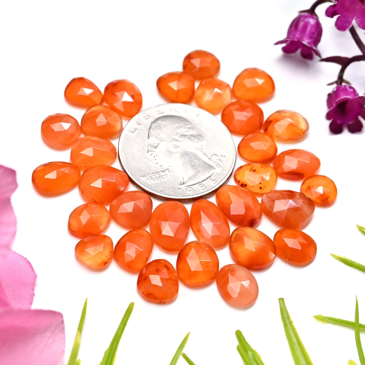 53.85cts Natural Carnelian 9x11mm - 7x9mm Rose Cut Cabochon Freeform Shape AA Grade Gemstone Parcel -Total 30 Pcs