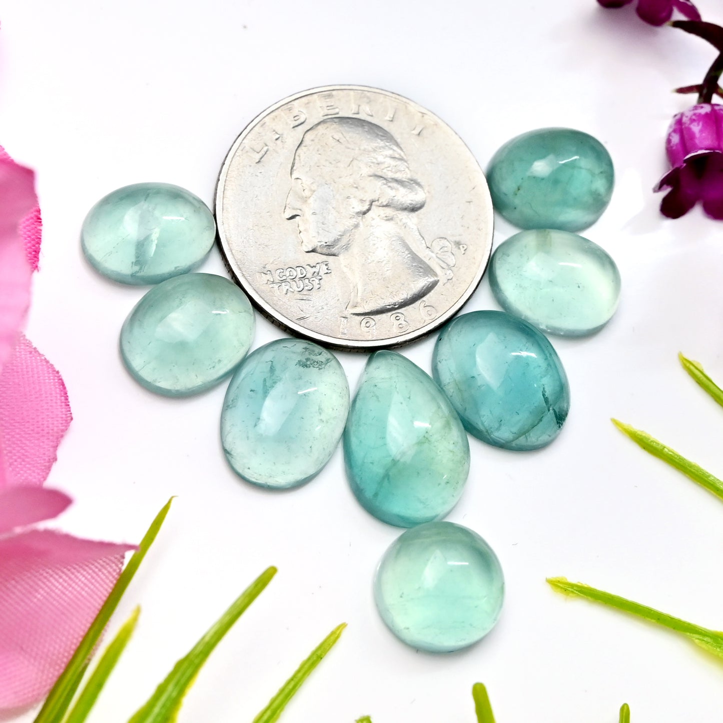 47.75cts Green Fluorite Smooth Cabochon 10x15mm - 9x11mm AA Grade Gemstone Parcel - Total 8 Pcs