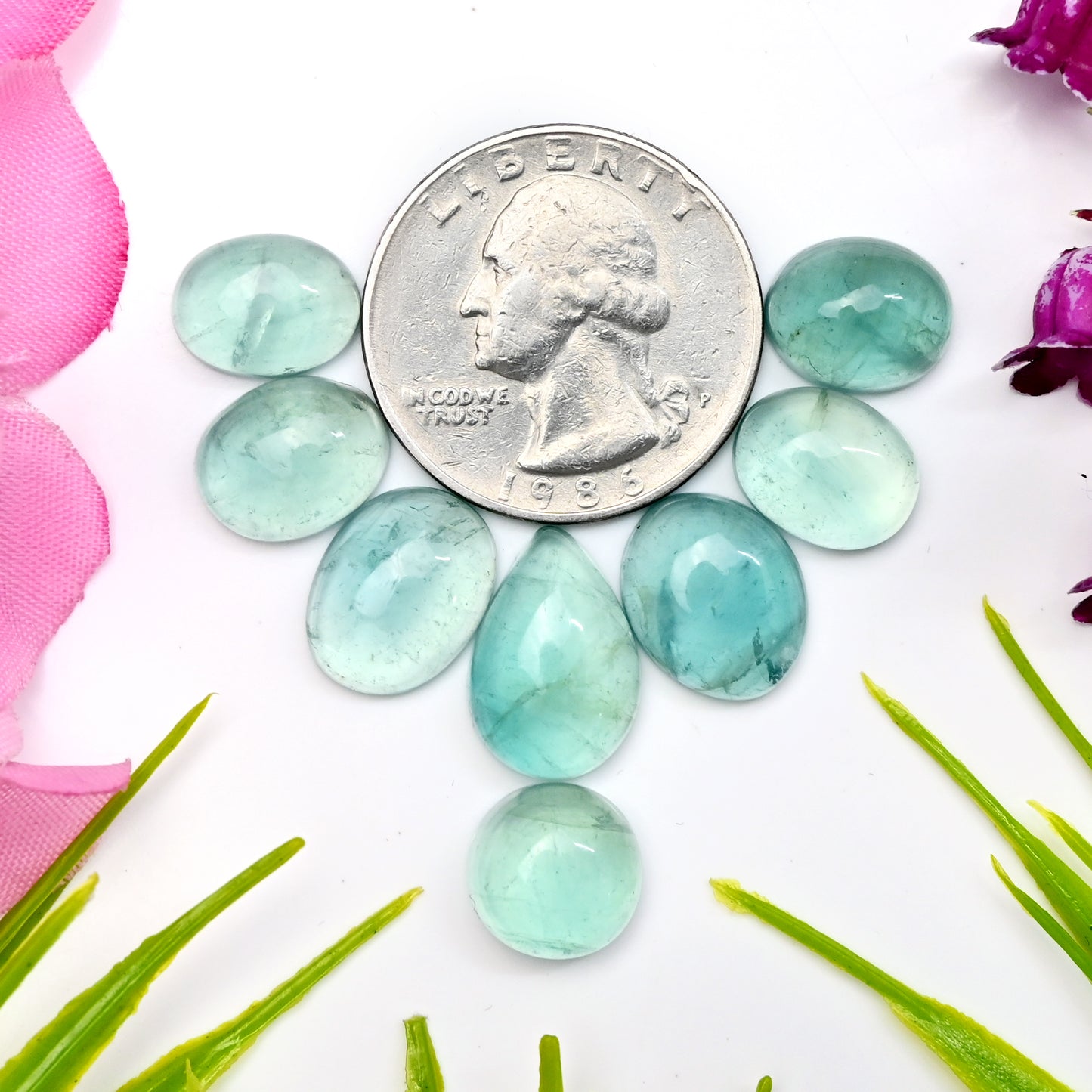 47.75cts Green Fluorite Smooth Cabochon 10x15mm - 9x11mm AA Grade Gemstone Parcel - Total 8 Pcs