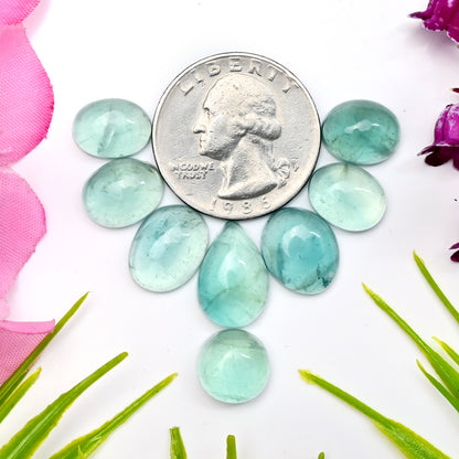 47.75cts Green Fluorite Smooth Cabochon 10x15mm - 9x11mm AA Grade Gemstone Parcel - Total 8 Pcs