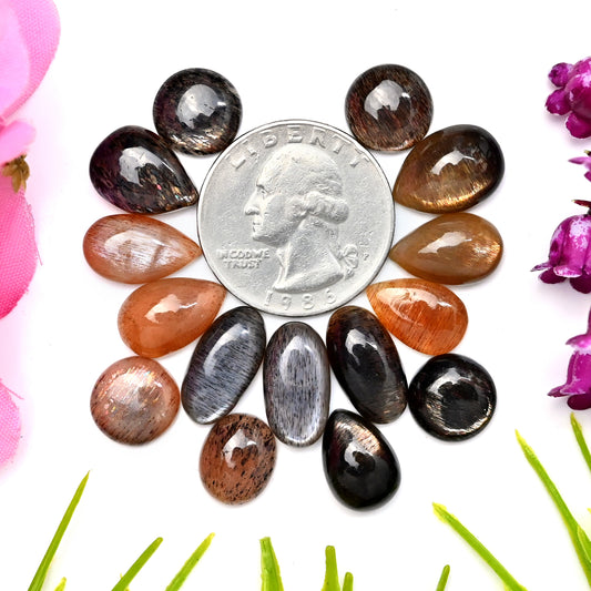 61.6cts African Gold Shine Moonstone Smooth Cabochon 8x15mm - 10x14mm AA Grade Gemstone Parcel - Total 15 Pcs