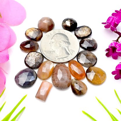 49.7cts African Gold Shine Moonstone Rosecut Cabochon 6x12mm - 11x17mm AA Grade Gemstone Parcel - Total 15 Pcs