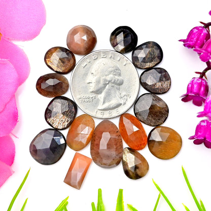 49.7cts African Gold Shine Moonstone Rosecut Cabochon 6x12mm - 11x17mm AA Grade Gemstone Parcel - Total 15 Pcs