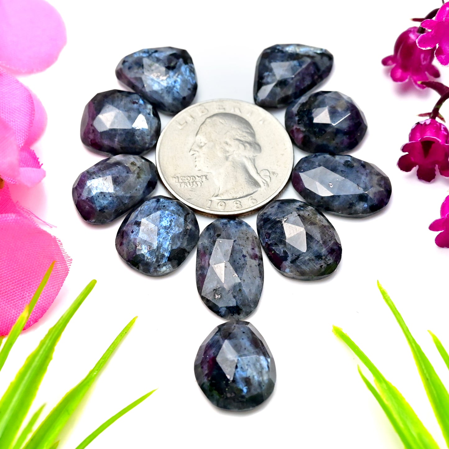 70.15cts Larvikite Rose Cut Cabochon 11x19mm - 13x15mm AA Grade Gemstone Parcel - Total 10 Pcs