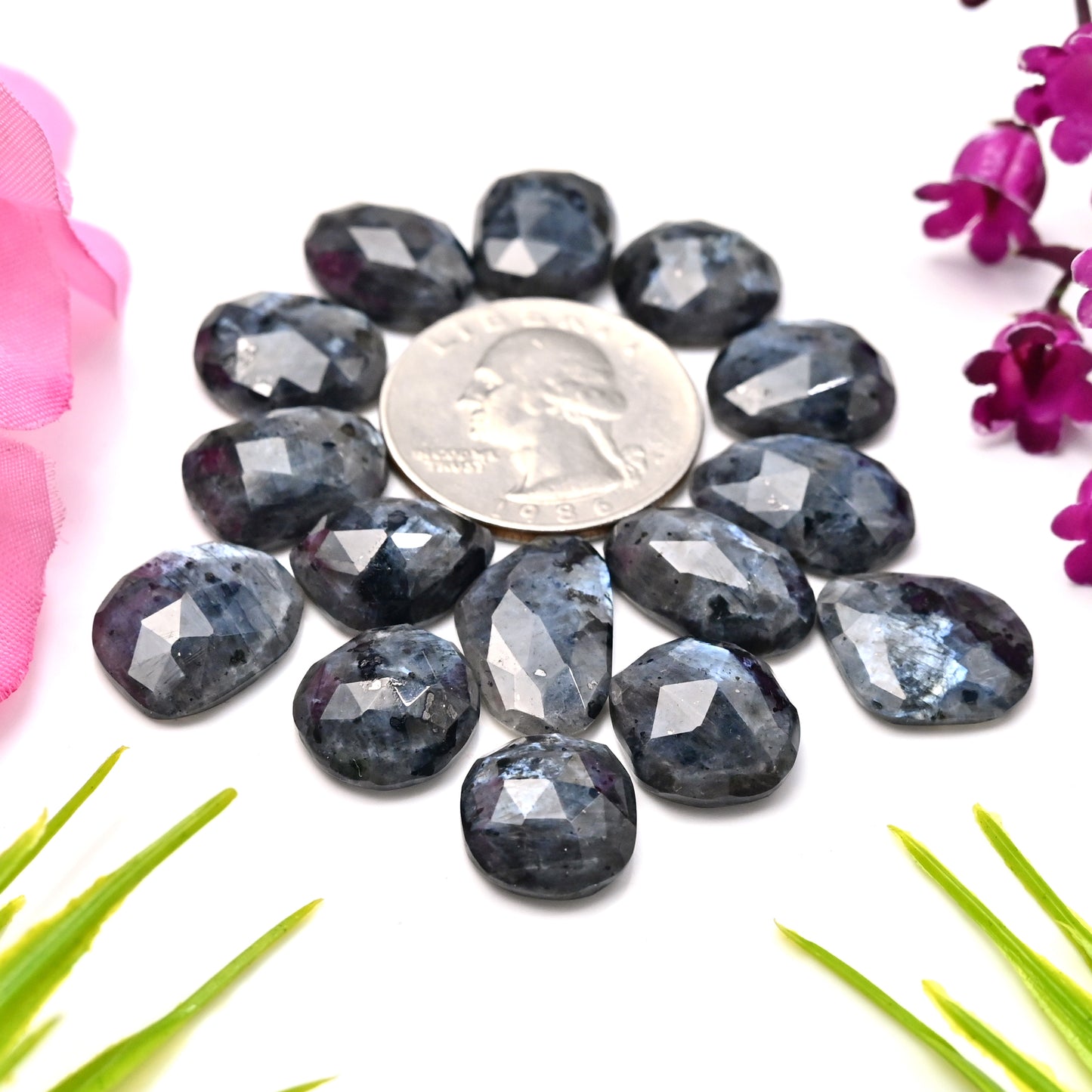 89.15cts Larvikite Rose Cut Cabochon 11x18mm - 12x15mm AA Grade Gemstone Parcel - Total 15 Pcs