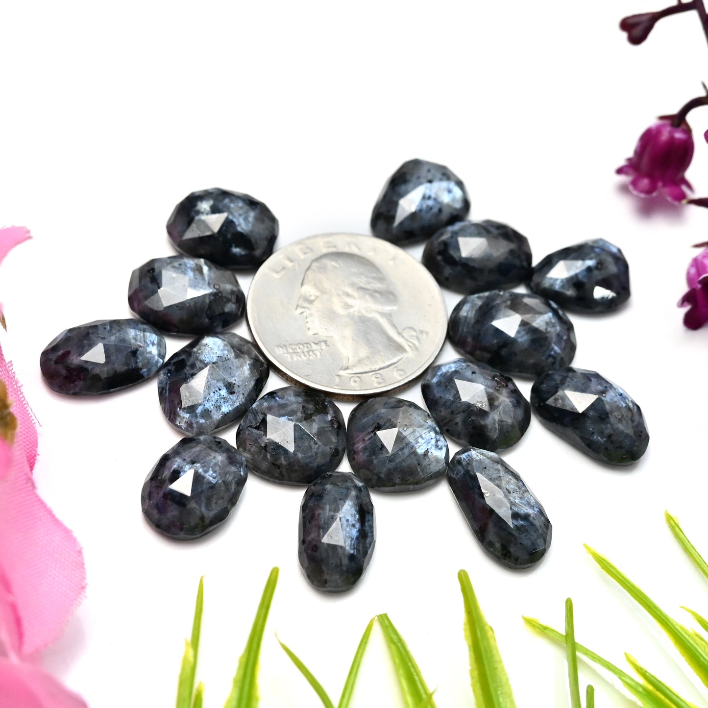 79.4cts Larvikite Rose Cut Cabochon 9x16mm - 11x14mm AA Grade Gemstone Parcel - Total 15 Pcs