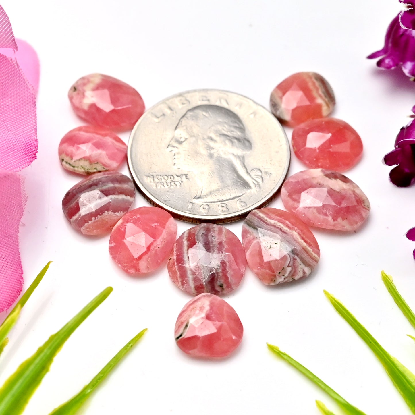 37,10 ct Rhodochrosit, Rosenschliff, Freiform, 10 x 13 mm, 9 x 12 mm, AA-Qualität, loser Edelstein, insgesamt 10 Stück