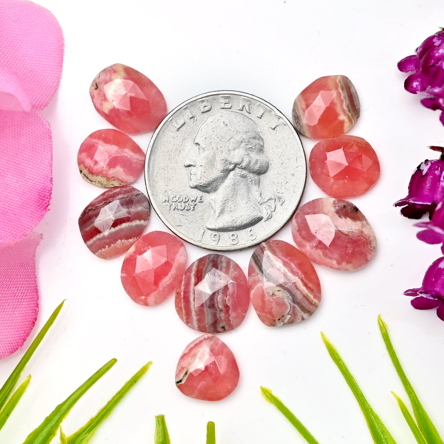 37,10 ct Rhodochrosit, Rosenschliff, Freiform, 10 x 13 mm, 9 x 12 mm, AA-Qualität, loser Edelstein, insgesamt 10 Stück