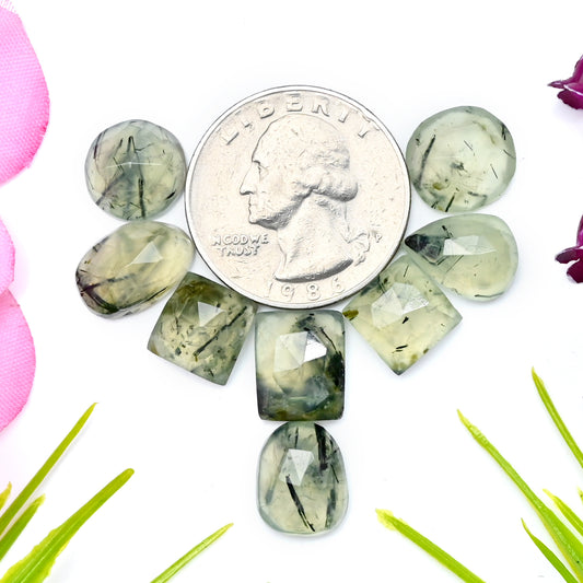 42.55cts Natural Prehnite Faceted Rose Cut Cabochon 9x13mm - 9x9mm Freeform Shape AA Grade Gemstone Parcel -Total 8 Pcs