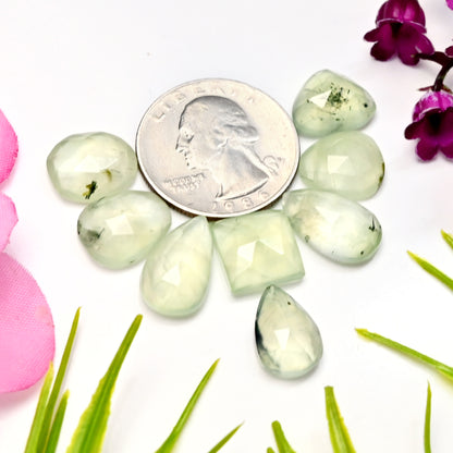 42.85cts Natural Prehnite Faceted Rose Cut Cabochon 10x16mm - 11x13mm Freeform Shape AA Grade Gemstone Parcel -Total 8 Pcs