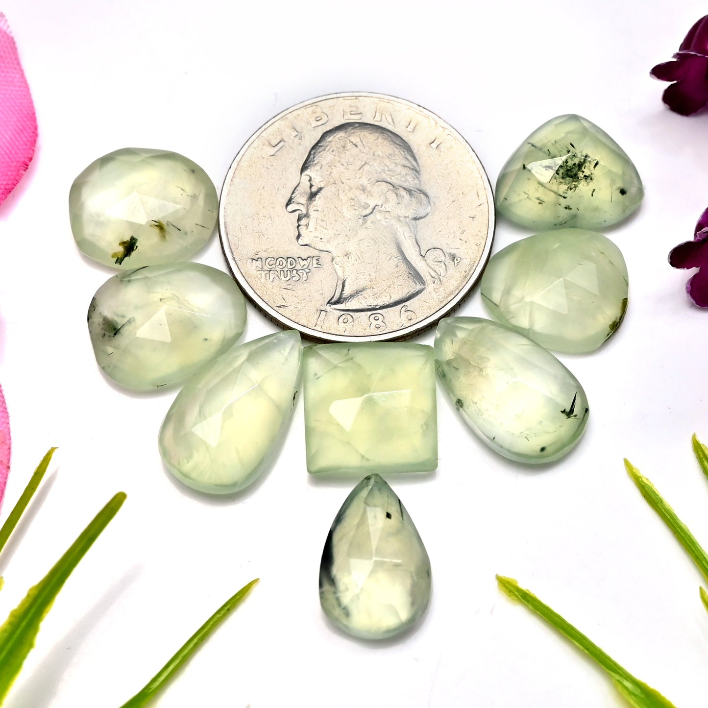 42.85cts Natural Prehnite Faceted Rose Cut Cabochon 10x16mm - 11x13mm Freeform Shape AA Grade Gemstone Parcel -Total 8 Pcs