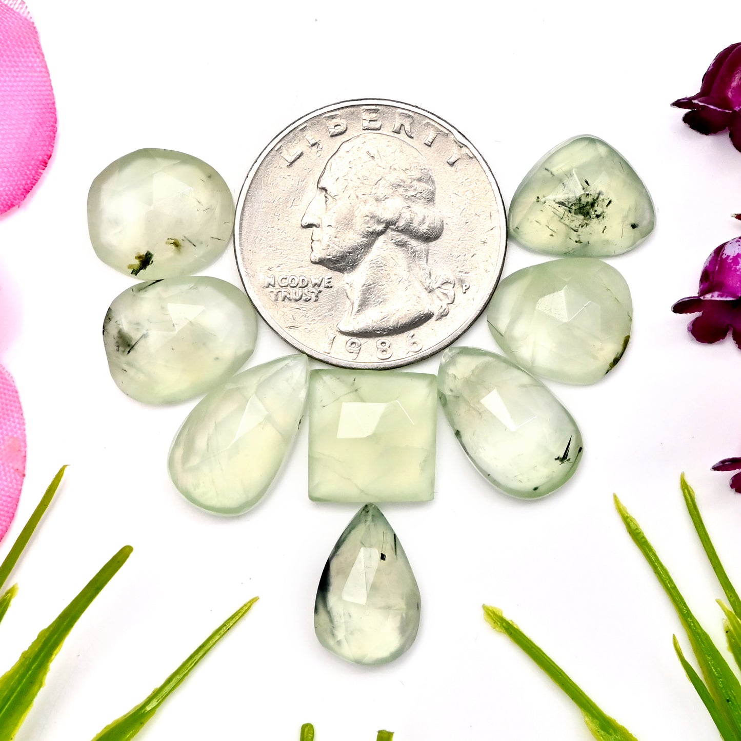 42.85cts Natural Prehnite Faceted Rose Cut Cabochon 10x16mm - 11x13mm Freeform Shape AA Grade Gemstone Parcel -Total 8 Pcs